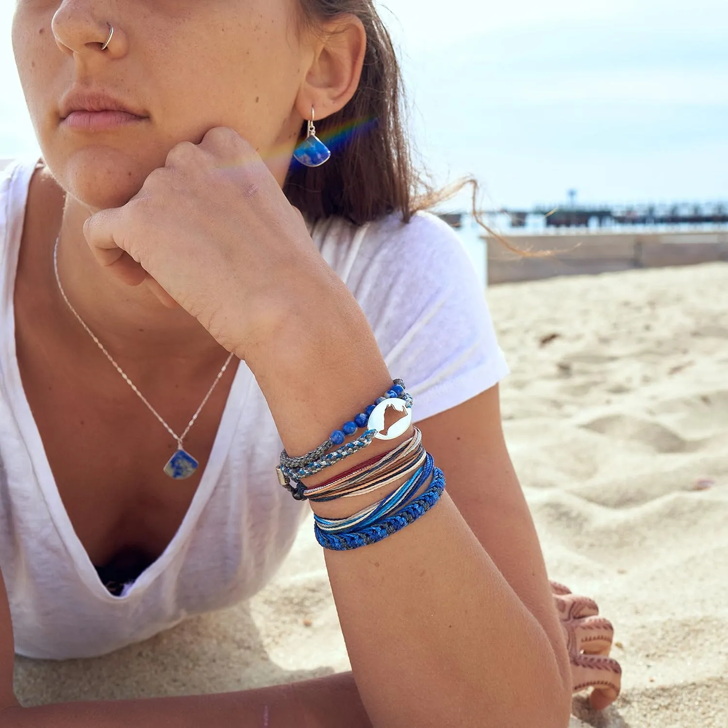 Surfer String Bracelet for Men Blue Gray White w Hematite Stones Handmade Woven Rope Adjustable Surf Gift for Guy by RUMI SUMAQ