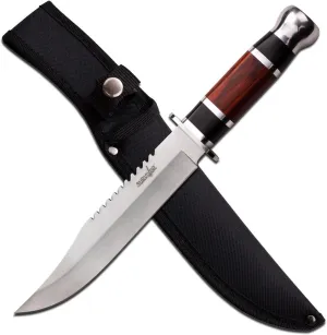 Survivor - Fixed Blade Knife - Satin Finish Clip Point Blade w/Sawback, Black and Brown Wood Handle, Nylon Sheath - HK-781L - Hunting, Camping, Survival - Prep. Survive. Thrive., Brown/Black