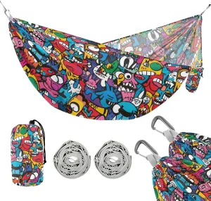 susiyo Portable Camping Hammock Crazy Cartoon Doodles Printed Lightweight Hammock Comfortable Travel Swing with Tree Straps for Camping Hiking Backpacking Travel or Beach - Up to 330lbs