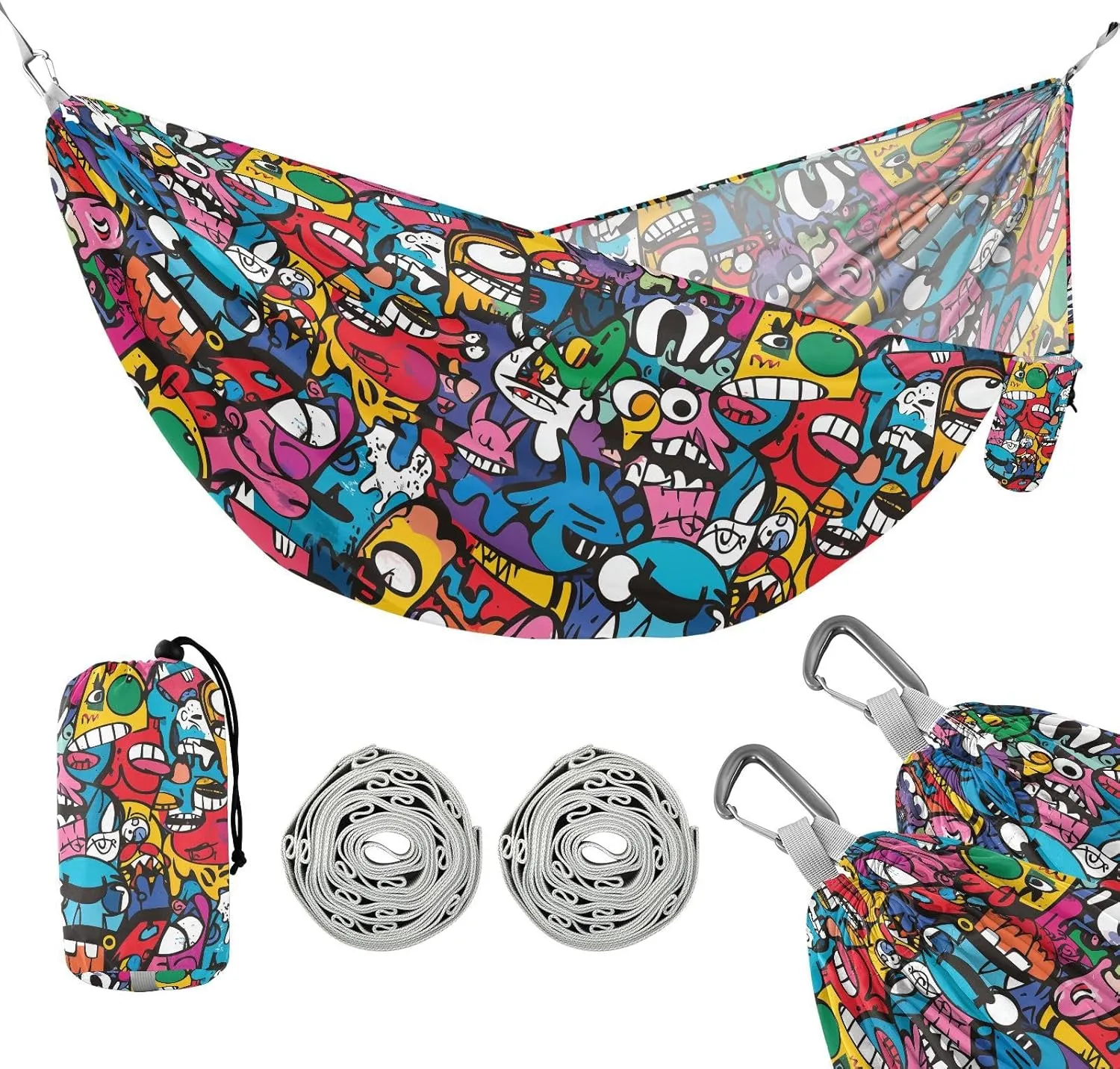 susiyo Portable Camping Hammock Crazy Cartoon Doodles Printed Lightweight Hammock Comfortable Travel Swing with Tree Straps for Camping Hiking Backpacking Travel or Beach - Up to 330lbs