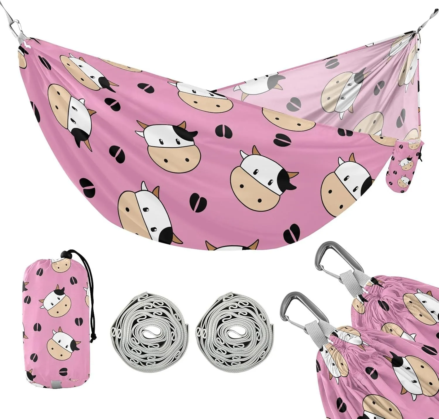 susiyo Portable Camping Hammock Cute Cow Printed Lightweight Hammock Comfortable Travel Swing with Tree Straps for Camping Hiking Backpacking Travel or Beach - Up to 330lbs