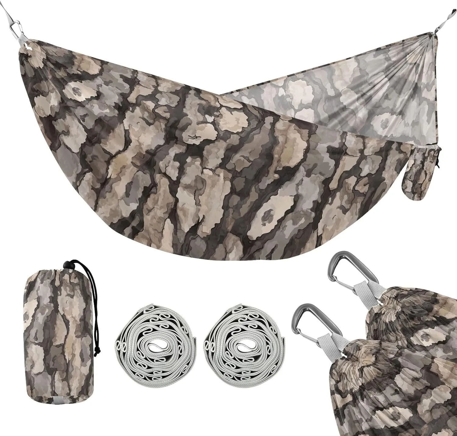 susiyo Portable Camping Hammock Grey Tree Bark Printed Lightweight Hammock Comfortable Travel Swing with Tree Straps for Camping Hiking Backpacking Travel or Beach - Up to 330lbs
