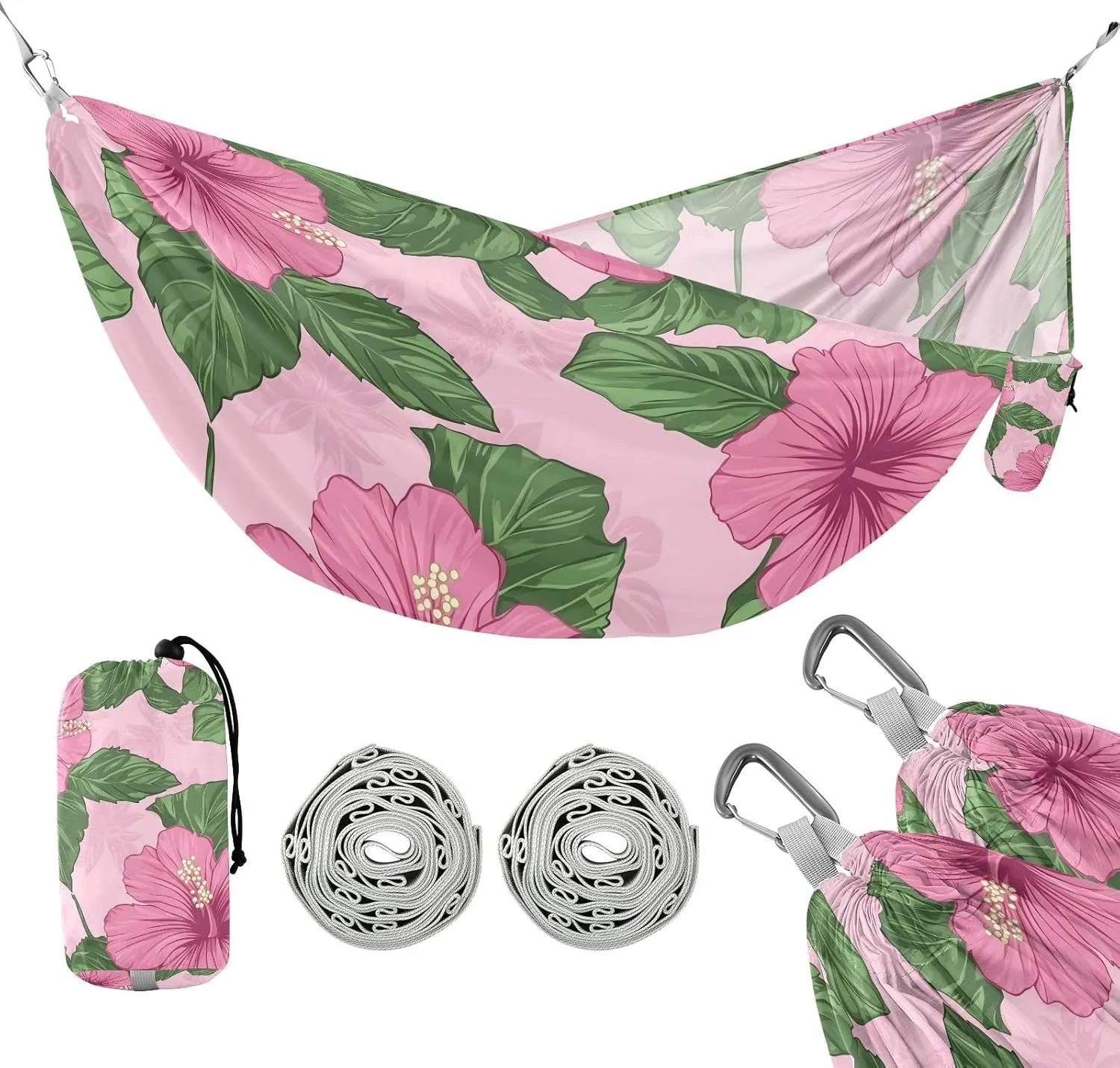 susiyo Portable Camping Hammock Hibiscus Flowers Printed Lightweight Hammock Comfortable Travel Swing with Tree Straps for Camping Hiking Backpacking Travel or Beach - Up to 330lbs