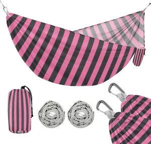 susiyo Portable Camping Hammock Pink and Black Stripes Printed Lightweight Hammock Comfortable Travel Swing with Tree Straps for Camping Hiking Backpacking Travel or Beach - Up to 330lbs