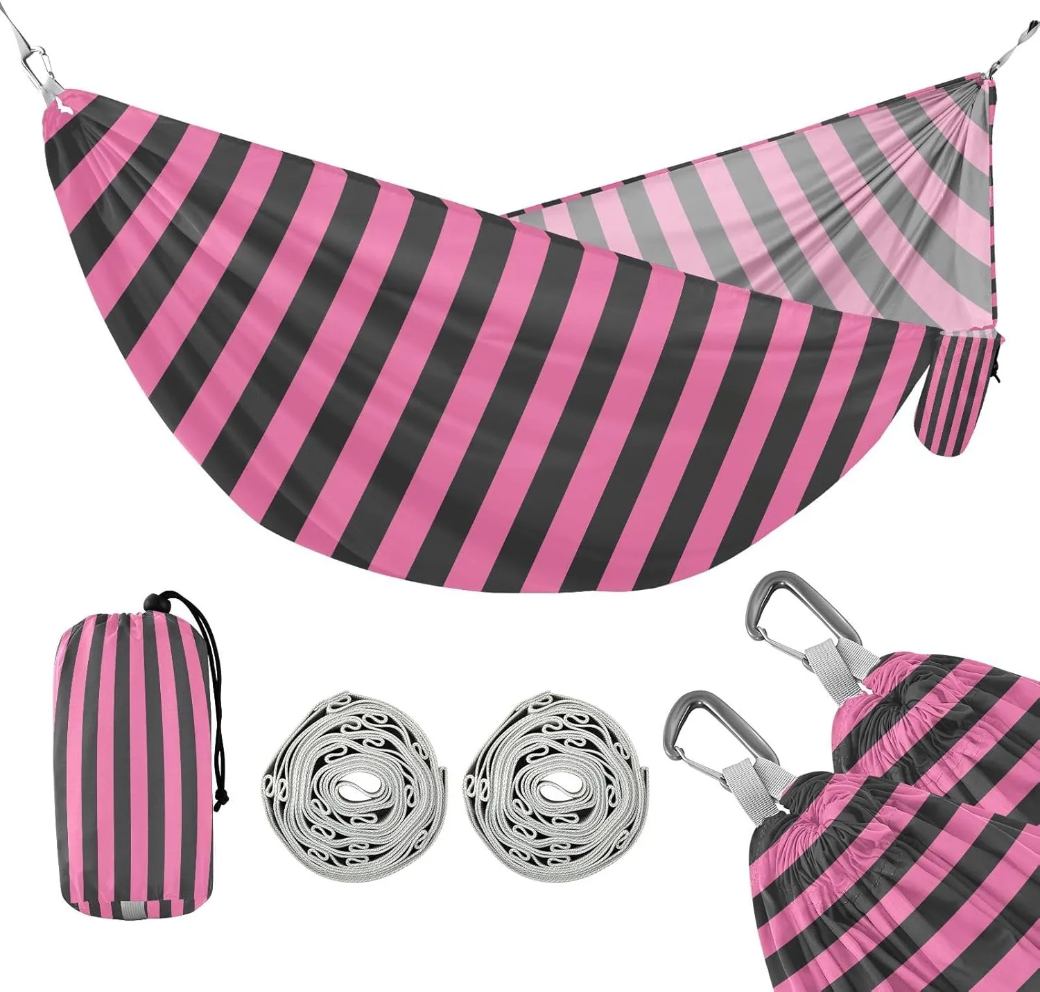 susiyo Portable Camping Hammock Pink and Black Stripes Printed Lightweight Hammock Comfortable Travel Swing with Tree Straps for Camping Hiking Backpacking Travel or Beach - Up to 330lbs