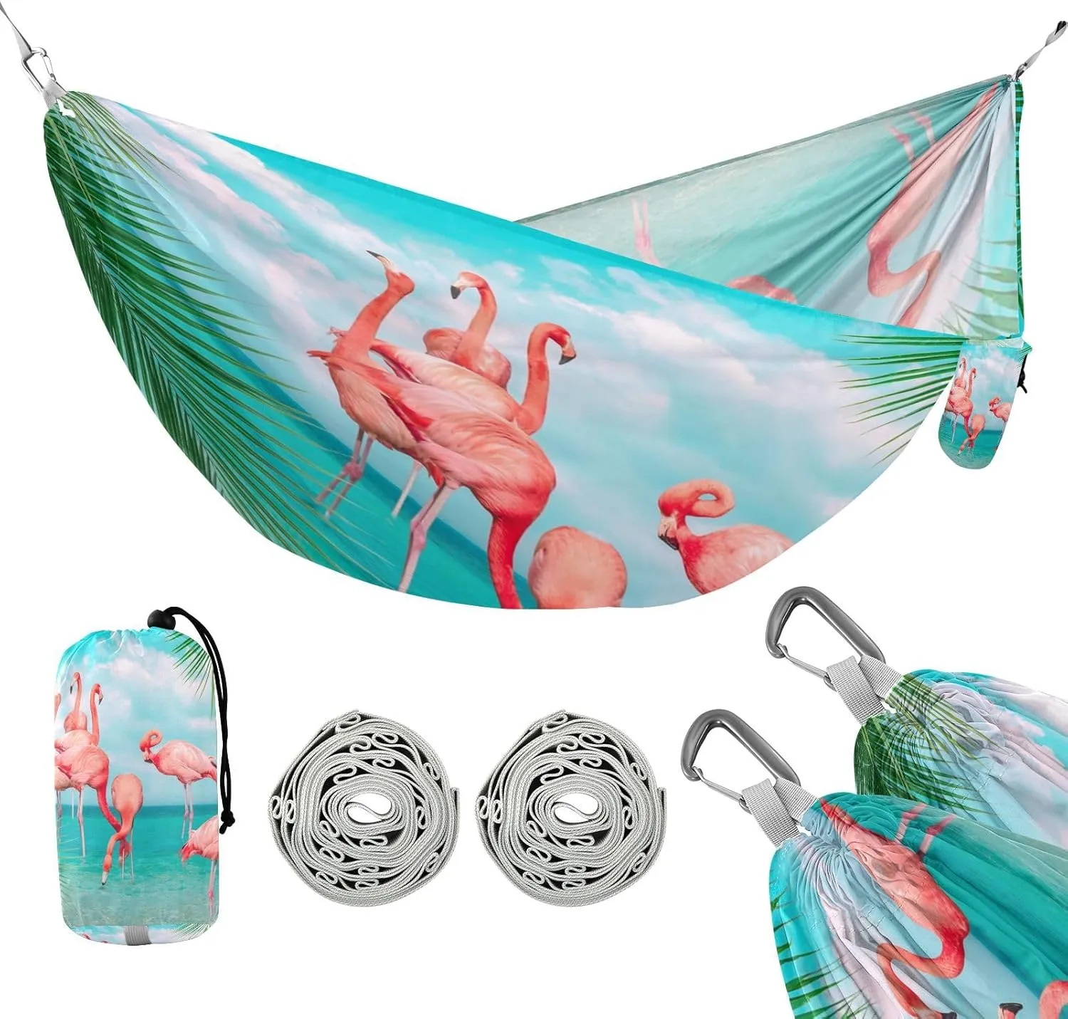 susiyo Portable Camping Hammock Tropical Pink Flamingo on Beach Printed Lightweight Hammock Comfortable Travel Swing with Tree Straps for Camping Hiking Backpacking Travel or Beach - Up to 330lbs