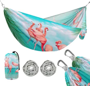 susiyo Portable Camping Hammock Tropical Pink Flamingo on Beach Printed Lightweight Hammock Comfortable Travel Swing with Tree Straps for Camping Hiking Backpacking Travel or Beach - Up to 330lbs