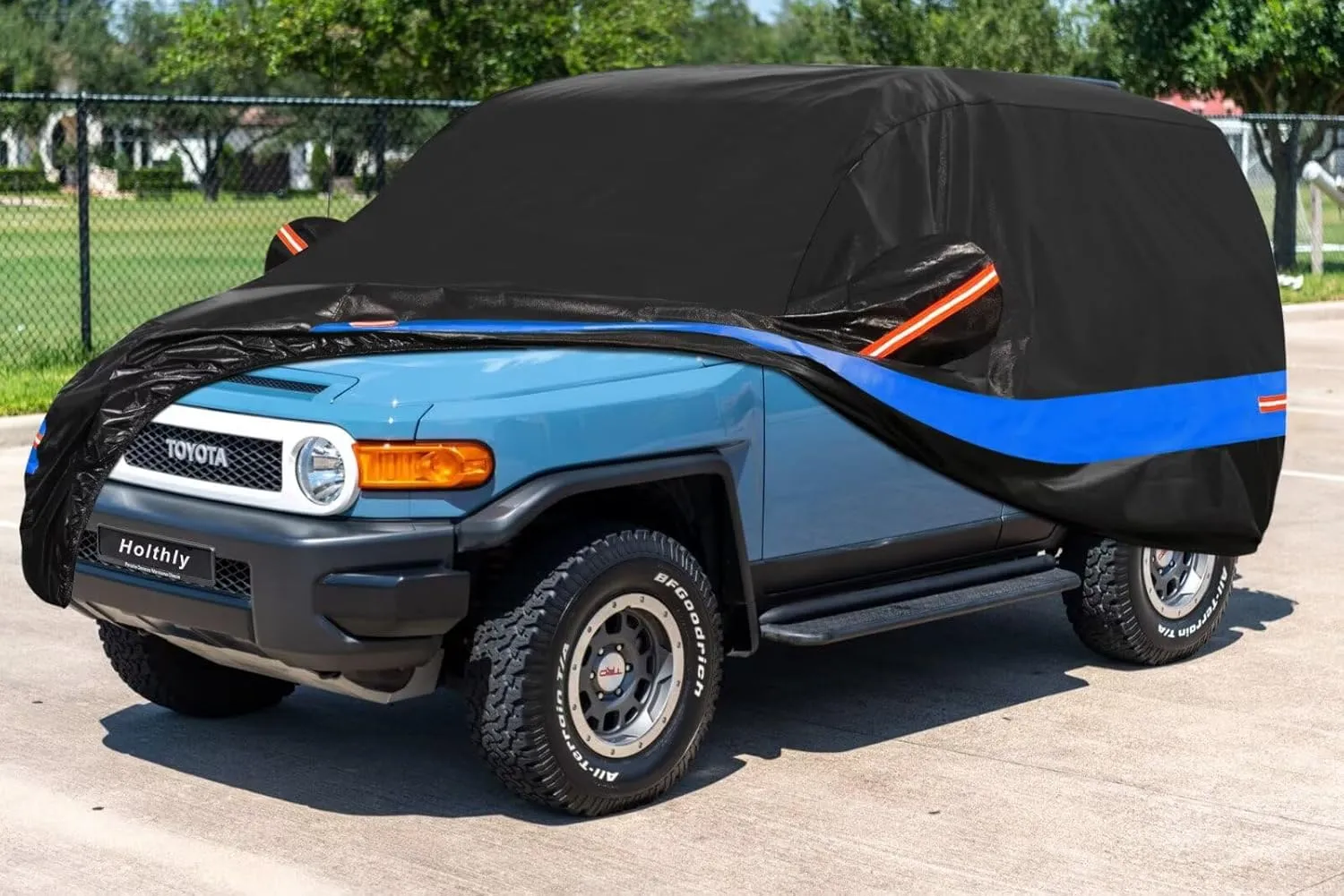SUV Car Cover Custom Fit for Toyota FJ Cruiser (2006-2017), Waterproof All Weather Full Exterior Covers for Automobiles, Rain Sun Protector Car Cover Outdoor. Black and Blue