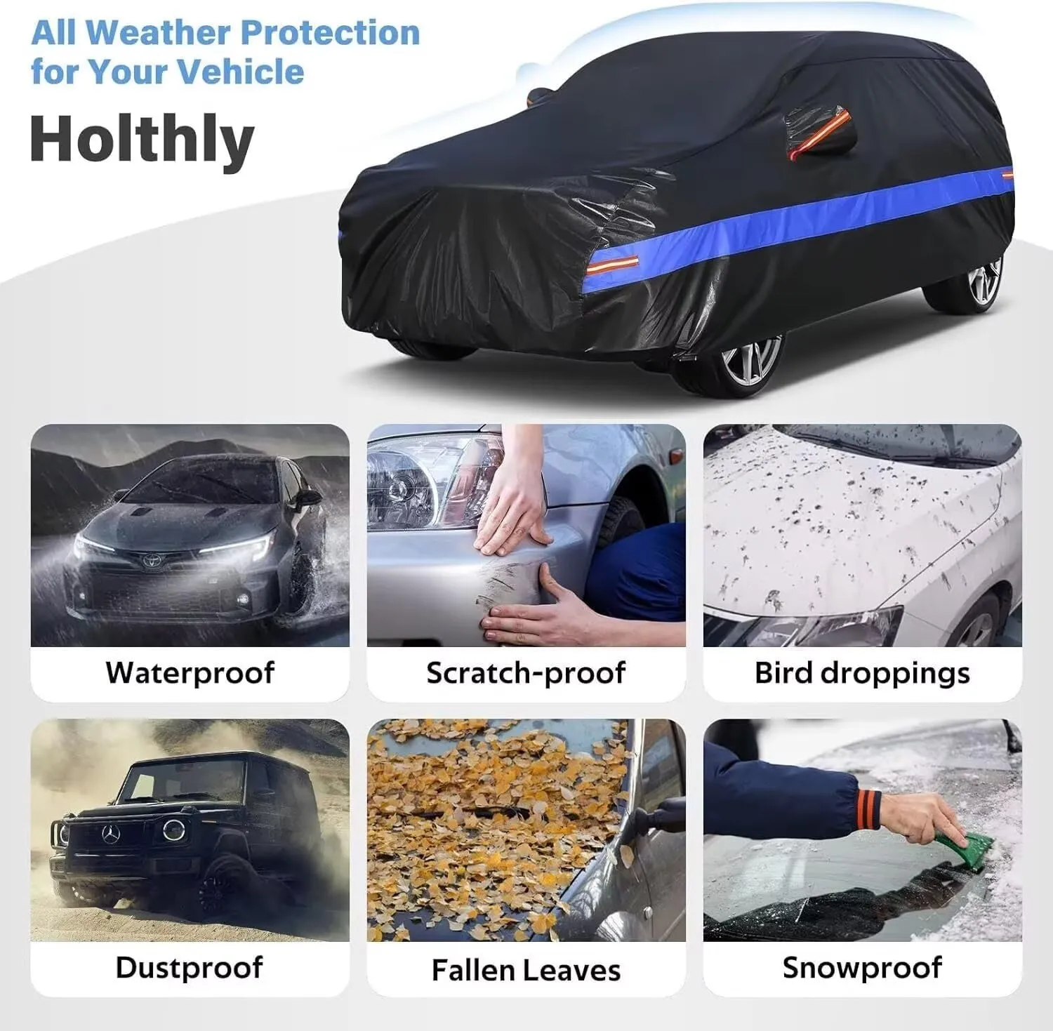 SUV Car Cover Custom Fit for Toyota FJ Cruiser (2006-2017), Waterproof All Weather Full Exterior Covers for Automobiles, Rain Sun Protector Car Cover Outdoor. Black and Blue
