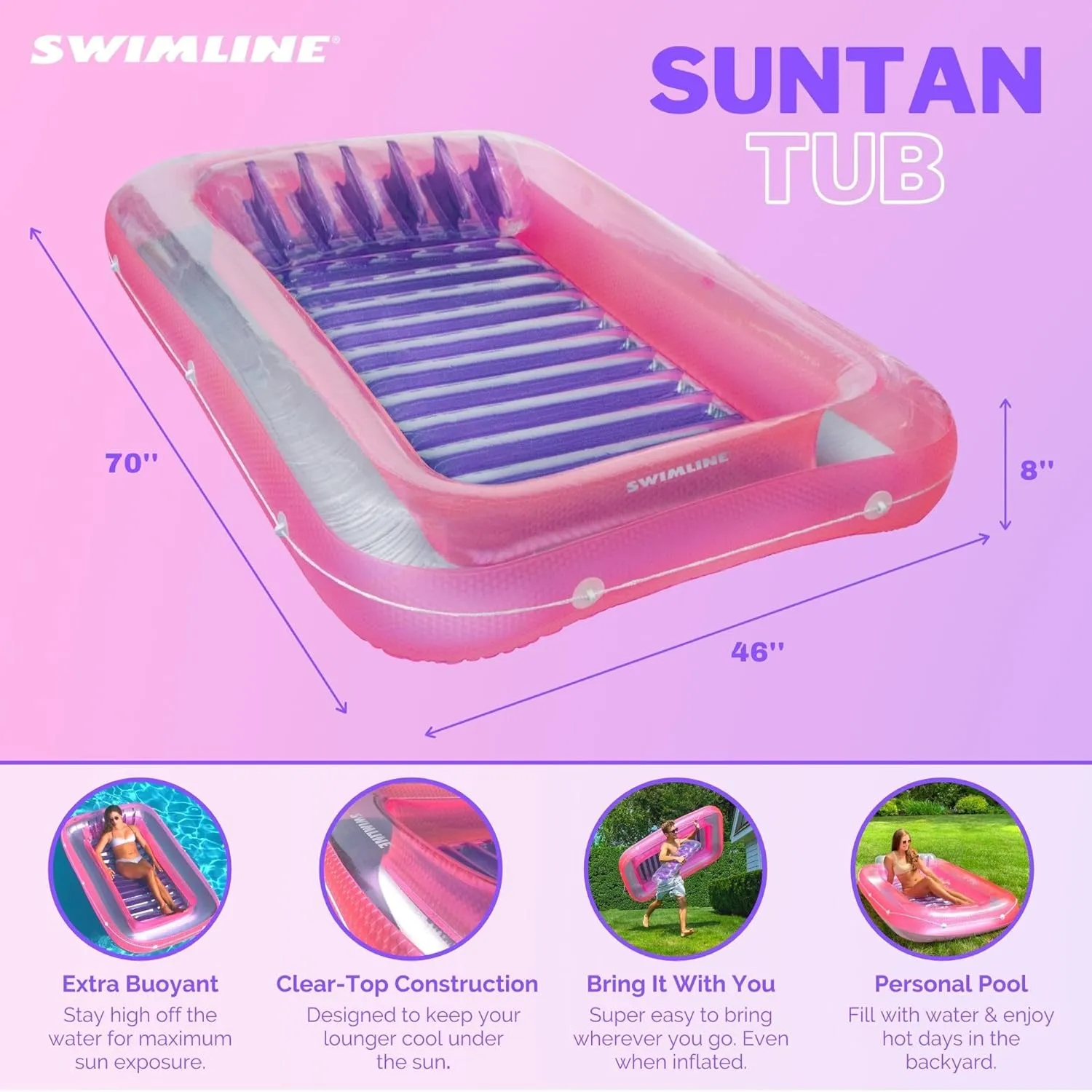 SWIMLINE Original Suntan Tub Series Classic Inflatable Tanning Float Floating Lounge | Personal Tan Pool Hybrid Lounger | Adjustable Pillow | Fill with Water | Reflective Tanning Design