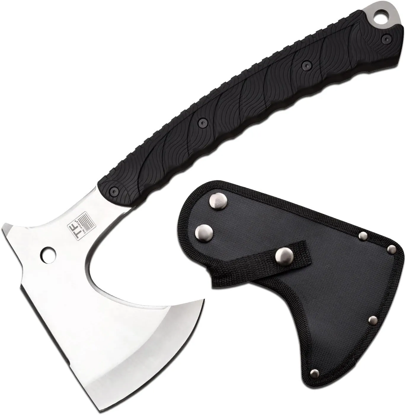 Tac-Force- Tactical Tomahawk – Satin Finish Stainless Steel Axe Head, Injection Molded Rubber Handle, Full Tang Construction, Includes Nylon Sheath, Tactical, EDC, Rescue - TF-AXE003S