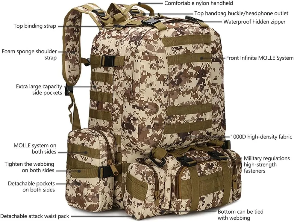 Tactical Backpack Military Army Rucksack 60L Large Assault Pack Detachable Molle Bag (Jungle Camouflage)