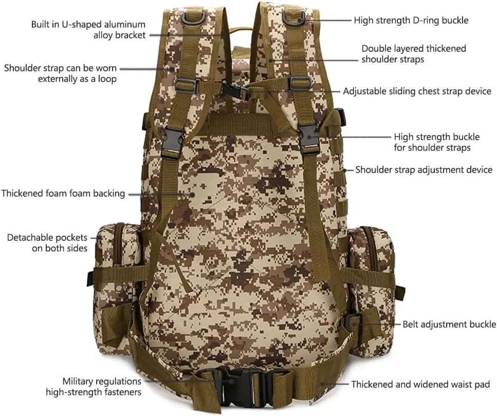 Tactical Backpack Military Army Rucksack 60L Large Assault Pack Detachable Molle Bag (Jungle Camouflage)
