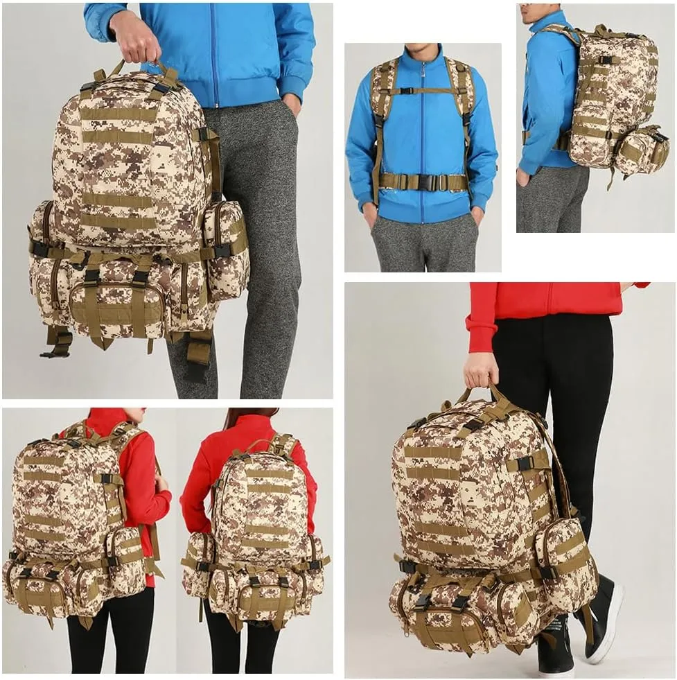 Tactical Backpack Military Army Rucksack 60L Large Assault Pack Detachable Molle Bag (Jungle Camouflage)