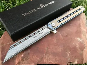 TACTICAL GEARZ Damascus Pocket Knife for EDC, Solid Titanium Handle, 67 Multi-Layered Damascus Steel VG10 Tanto Blade, Includes Sheath (Onyx XT BB)