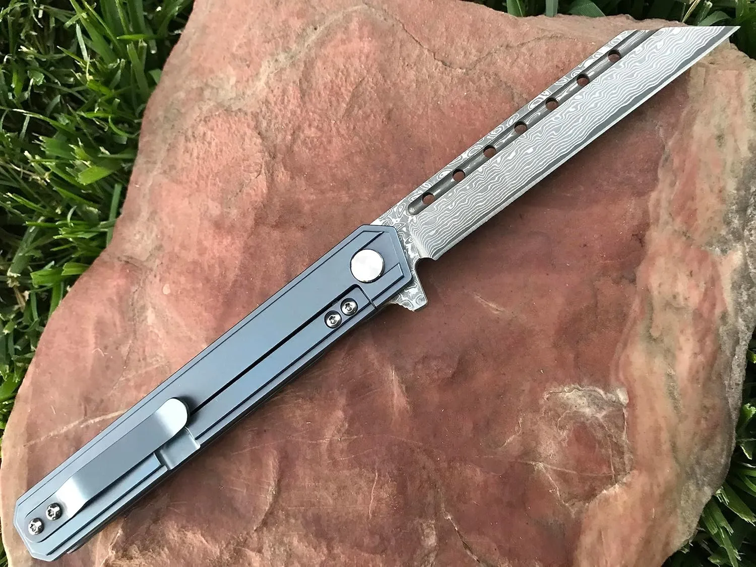 TACTICAL GEARZ Damascus Pocket Knife for EDC, Solid Titanium Handle, 67 Multi-Layered Damascus Steel VG10 Tanto Blade, Includes Sheath (Onyx XT BB)