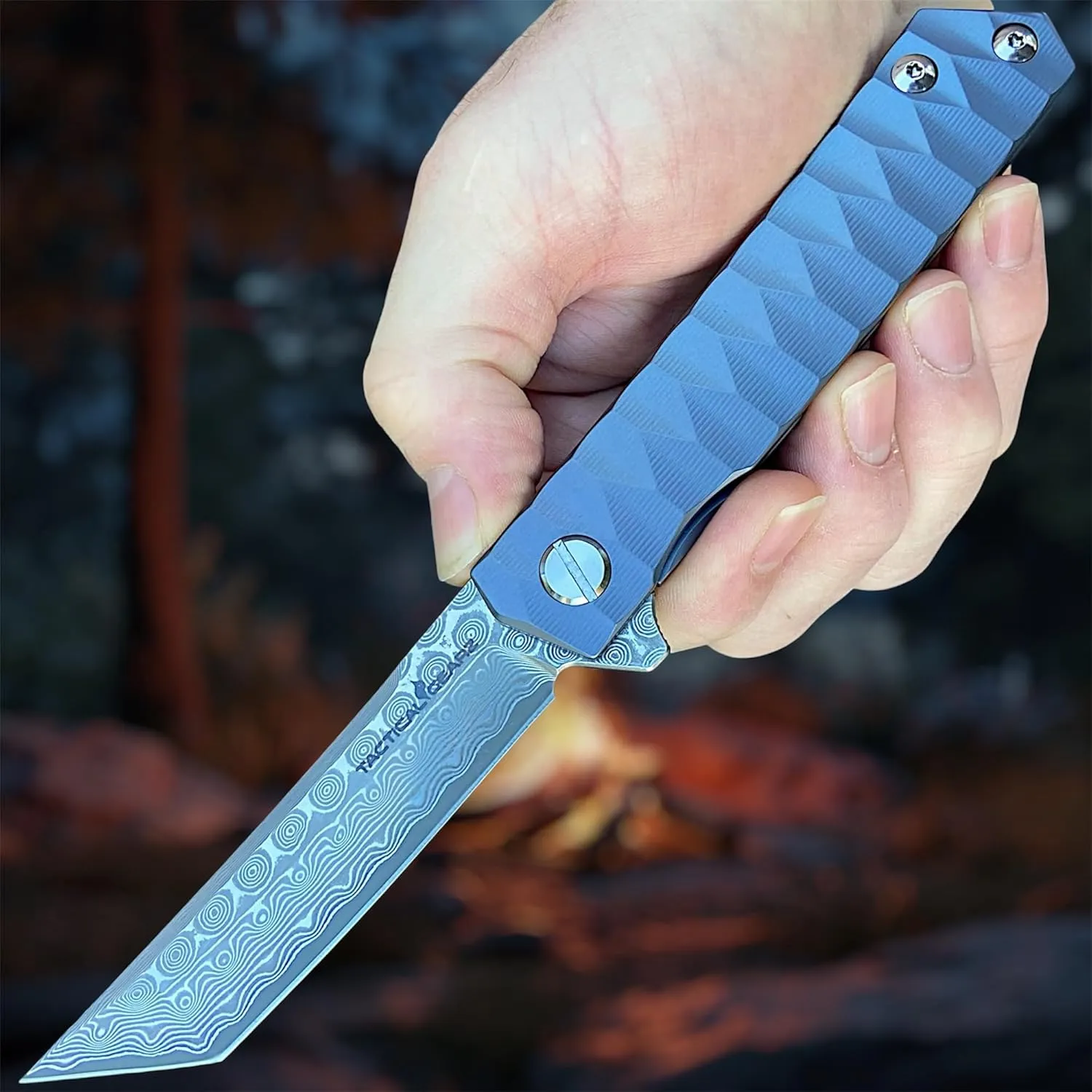 TACTICAL GEARZ Damascus Steel EDC Pocket Folding Knife, Solid Tc4 Titanium Handle, Includes Sheath (XT Blue Metallic)