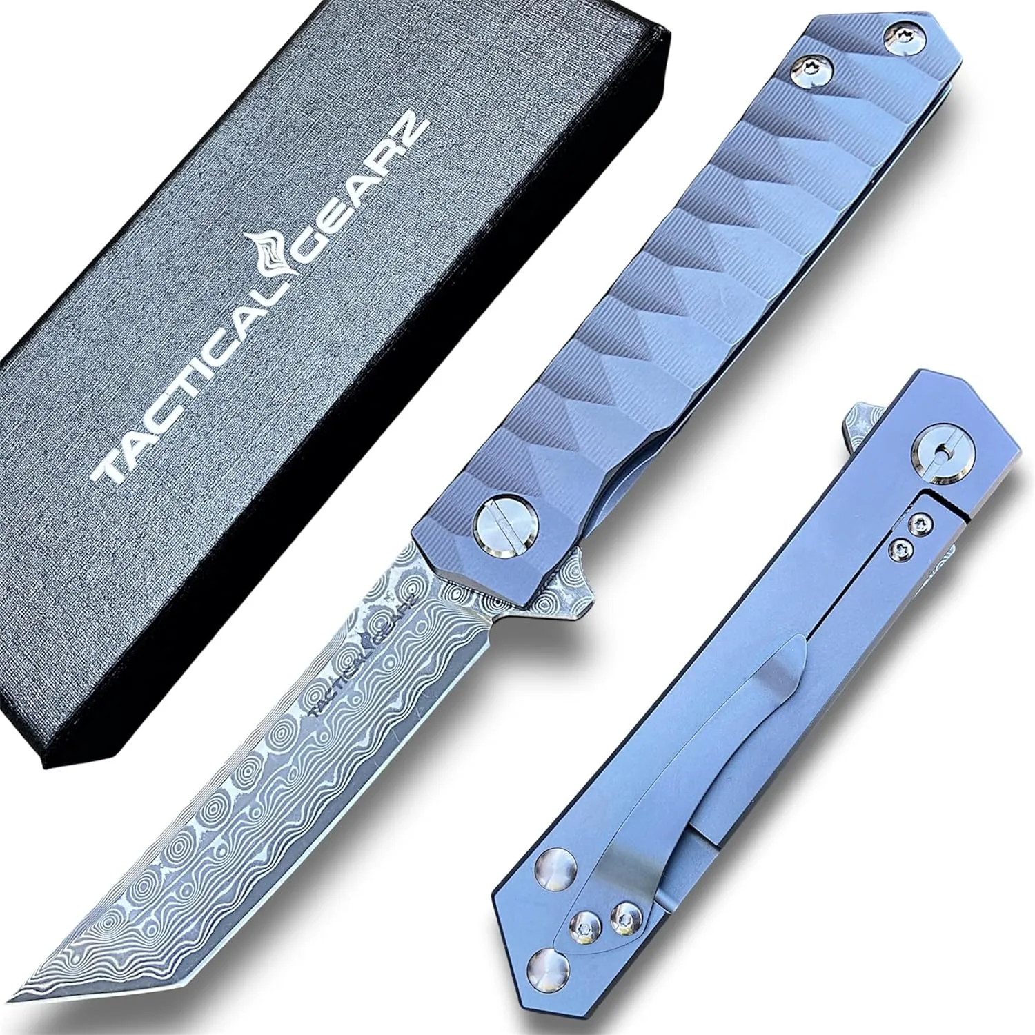 TACTICAL GEARZ Damascus Steel EDC Pocket Folding Knife, Solid Tc4 Titanium Handle, Includes Sheath (XT Blue Metallic)