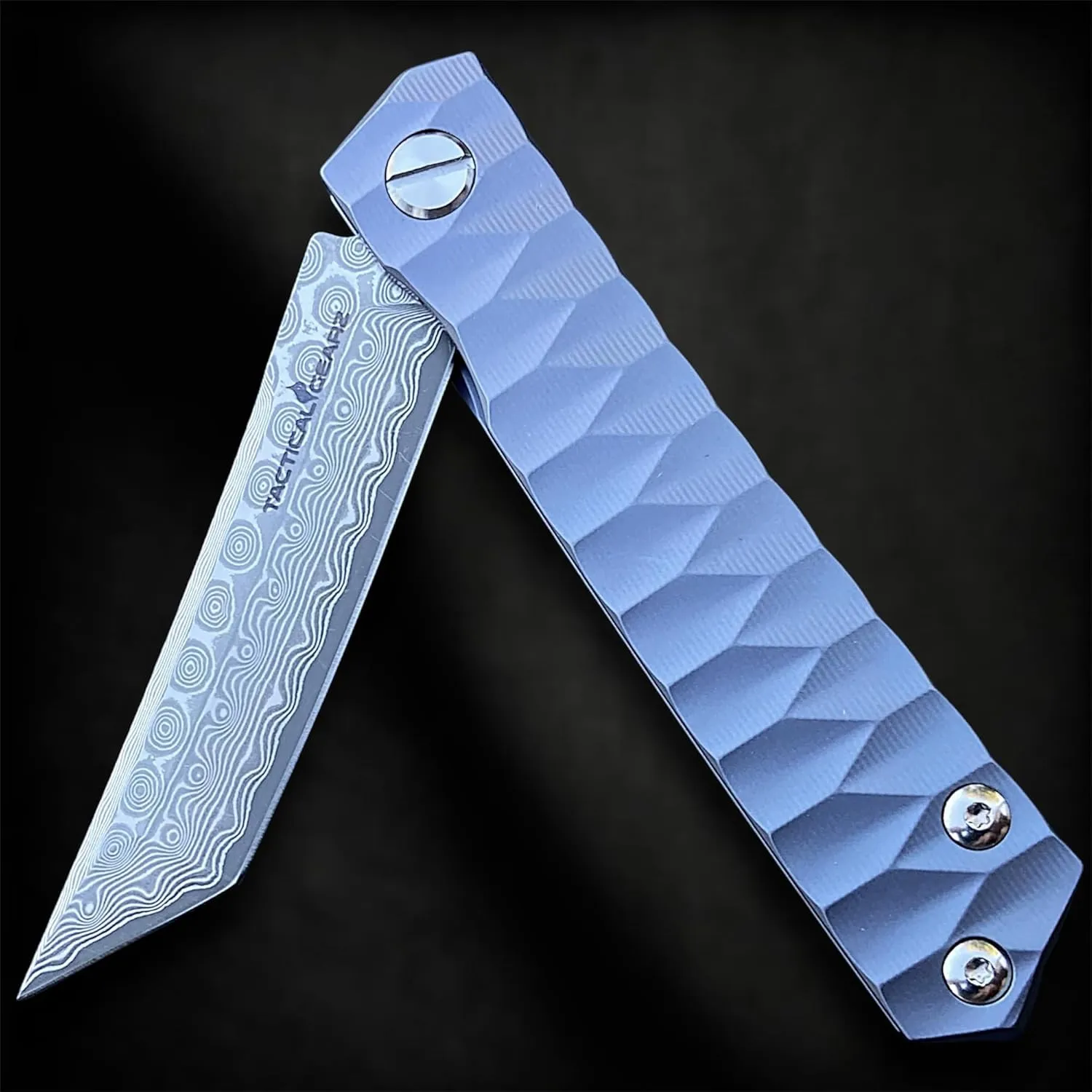 TACTICAL GEARZ Damascus Steel EDC Pocket Folding Knife, Solid Tc4 Titanium Handle, Includes Sheath (XT Blue Metallic)