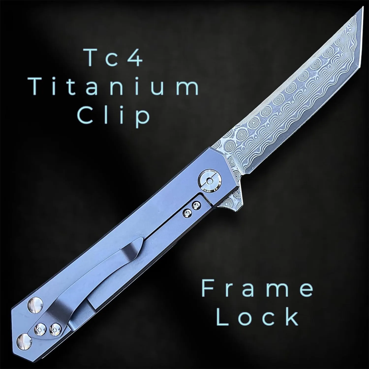 TACTICAL GEARZ Damascus Steel EDC Pocket Folding Knife, Solid Tc4 Titanium Handle, Includes Sheath (XT Blue Metallic)