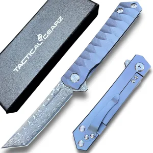 TACTICAL GEARZ Damascus Steel EDC Pocket Folding Knife, Solid Tc4 Titanium Handle, Includes Sheath (XT Blue Metallic)