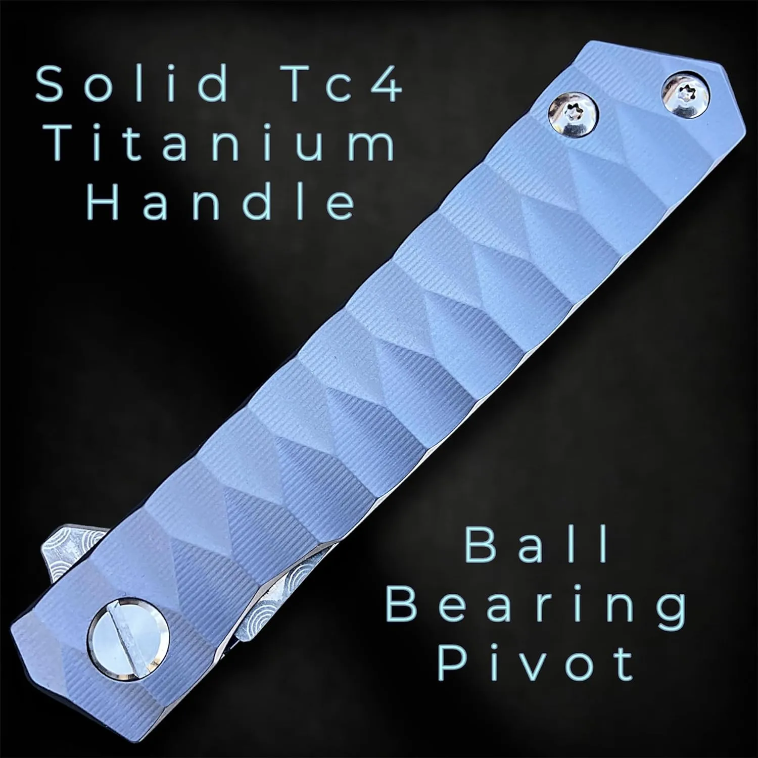 TACTICAL GEARZ Damascus Steel EDC Pocket Folding Knife, Solid Tc4 Titanium Handle, Includes Sheath (XT Blue Metallic)
