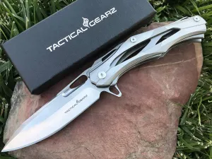 TACTICAL GEARZ Stainless Steel Pocket Knife, Brushed Nickel Stainless Steel Handle, 7Cr17mov Blade, Includes Sheath (Kronus)