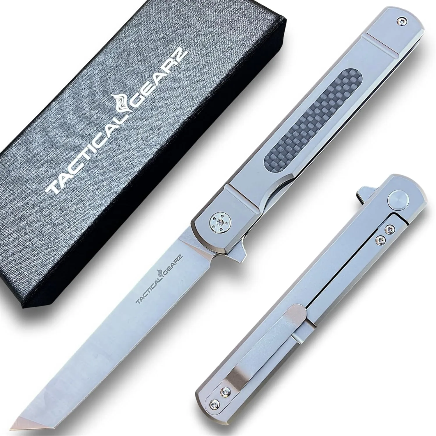 TACTICAL GEARZ Titanium Pocket Knife for EDC, Solid Tc4 Titanium Handle, D2 Steel Tanto Blade, Includes Sheath (Tatsu ST)