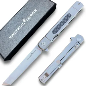 TACTICAL GEARZ Titanium Pocket Knife for EDC, Solid Tc4 Titanium Handle, D2 Steel Tanto Blade, Includes Sheath (Tatsu ST)