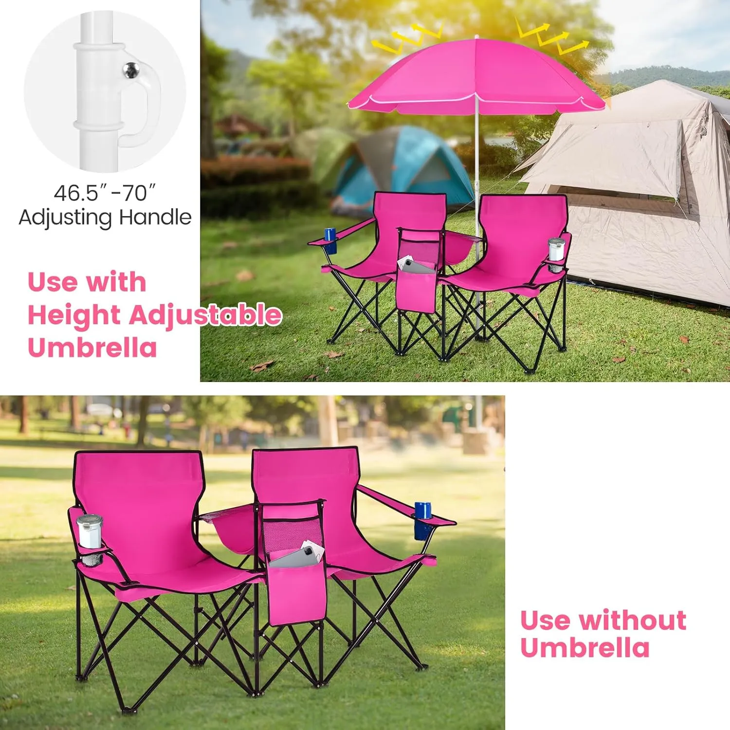Tangkula Double Camping Chairs with Umbrella, Portable 2 Seat Folding Camp Chair with Cooler Bag, Beverage Holder, Carrying Bag, Foldable Lawn Chair for Outside, Fishing, Picnic,Beach