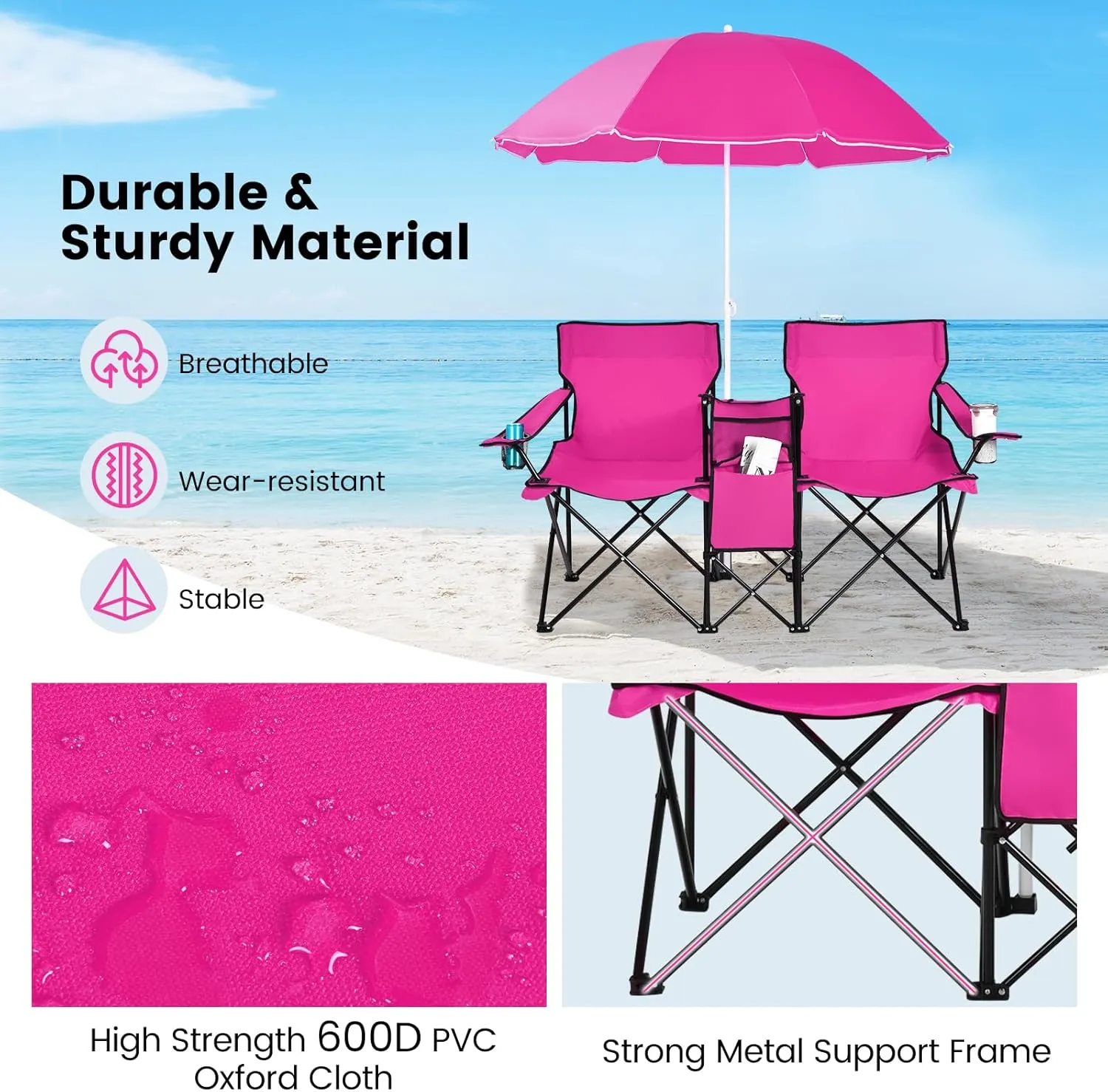 Tangkula Double Camping Chairs with Umbrella, Portable 2 Seat Folding Camp Chair with Cooler Bag, Beverage Holder, Carrying Bag, Foldable Lawn Chair for Outside, Fishing, Picnic,Beach
