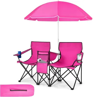 Tangkula Double Camping Chairs with Umbrella, Portable 2 Seat Folding Camp Chair with Cooler Bag, Beverage Holder, Carrying Bag, Foldable Lawn Chair for Outside, Fishing, Picnic,Beach