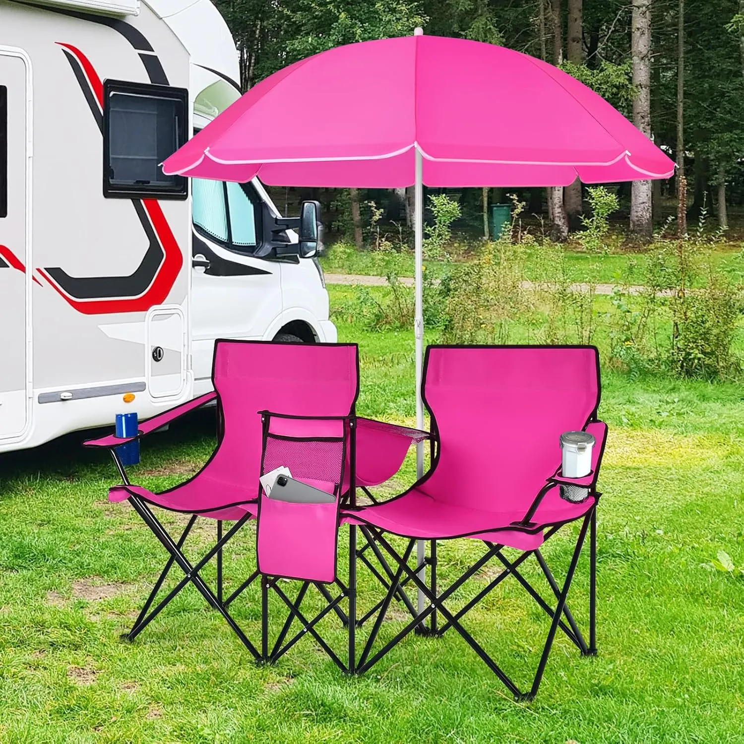 Tangkula Double Camping Chairs with Umbrella, Portable 2 Seat Folding Camp Chair with Cooler Bag, Beverage Holder, Carrying Bag, Foldable Lawn Chair for Outside, Fishing, Picnic,Beach
