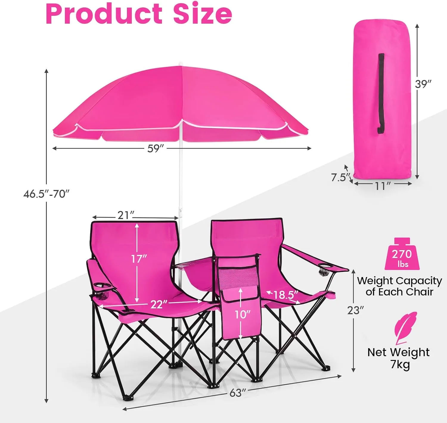 Tangkula Double Camping Chairs with Umbrella, Portable 2 Seat Folding Camp Chair with Cooler Bag, Beverage Holder, Carrying Bag, Foldable Lawn Chair for Outside, Fishing, Picnic,Beach