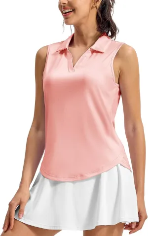 TBMPOY Women's Golf Shirts Sleeveless Collared Polo Tank Top UPF 50  Quick Dry Tennis V-Neck Ladies Sports