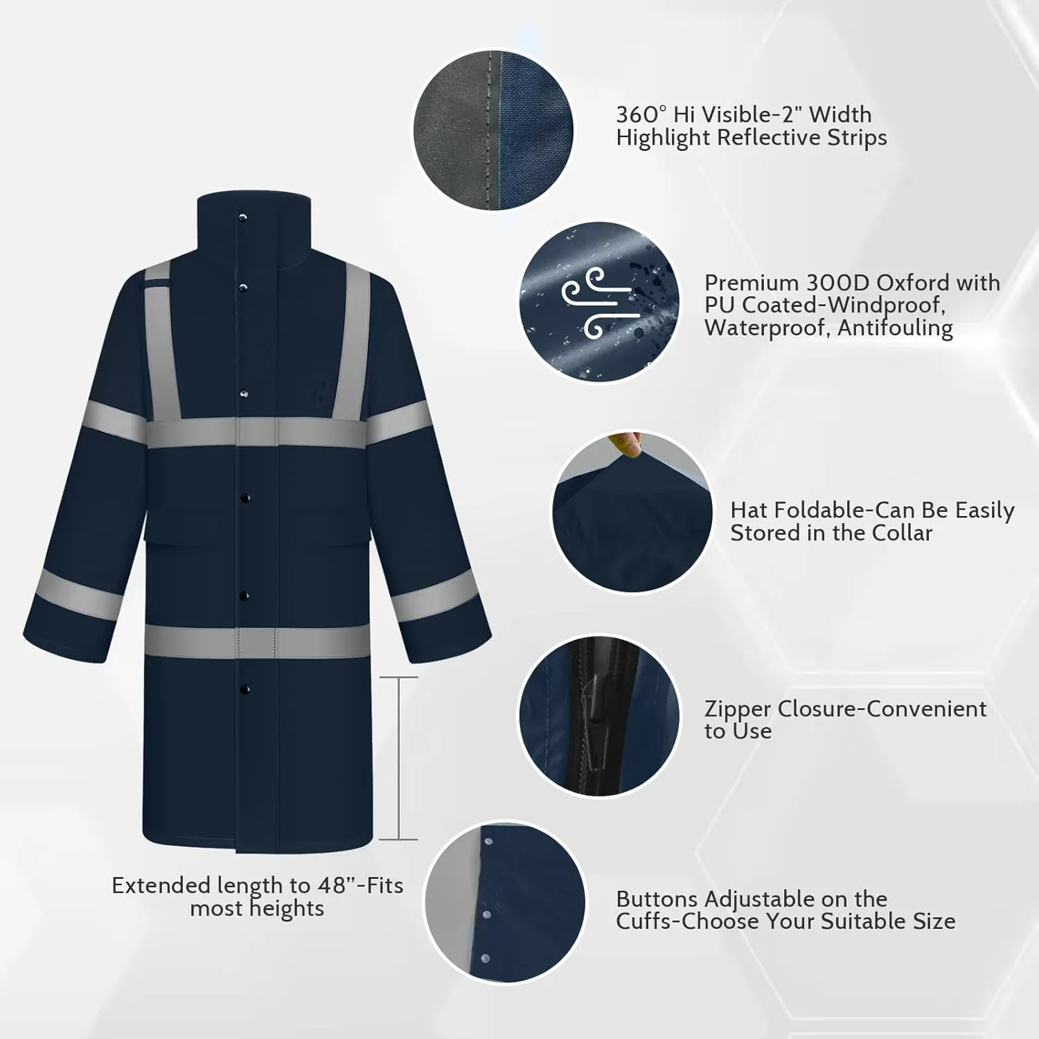 TCCFCCT Rain Gear for Men Waterproof Hi Vis Rain Jacket Men with Hood, Heavy Duty Rain Suits for Men Waterproof, Long Safety Rain Coats for Men Women for Hiking Camping, XXL Navy Blue