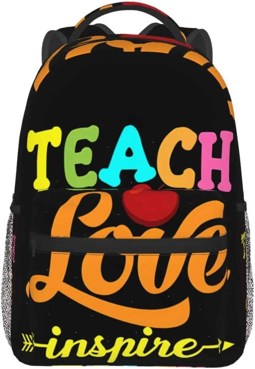 Teacher Teach Love Inspire Backpack Casual Laptop Backpack Lightweight Double Shoulder Bag Travel Daypack For Women Men