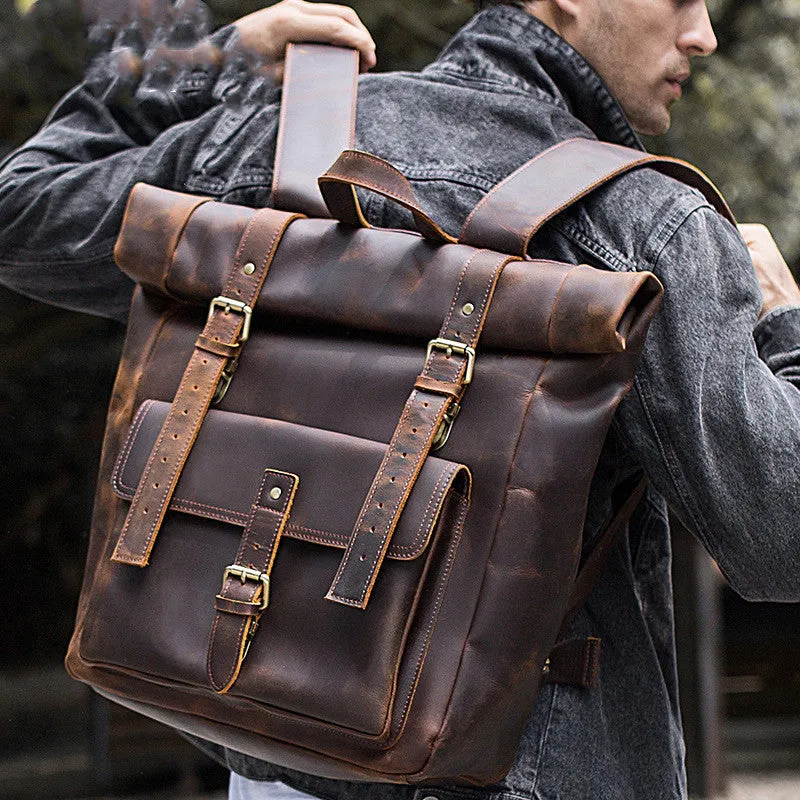 The Indestructible Journeyer: Men's Crazy Horse Leather Travel Backpack