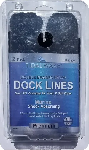 Tidal Wake Marine Grade Reflective Double Braided Nylon Dock Line, 3/8″ x 15 Feet - 2 Pack, Boat Rope Black with Silver Thread