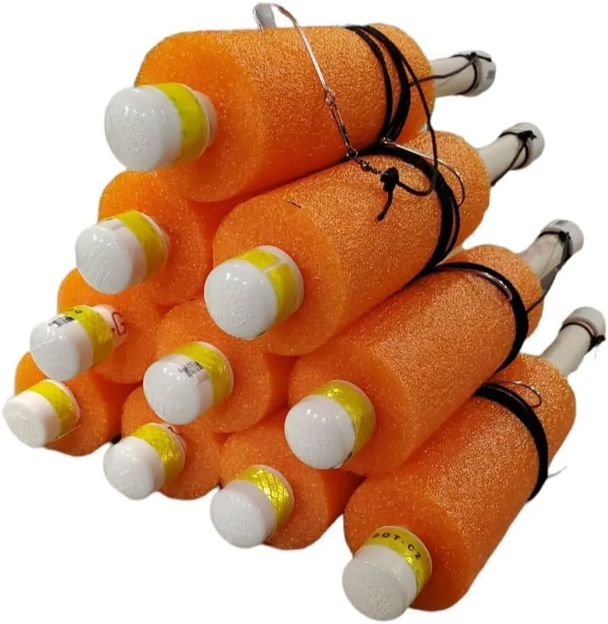 Tilt Fishing Jugs with Weight Rhodes Jugs 10 Pack - Ready to go Catfish Jugs 7ft line - Made in USA Lime, Red, Blue, Orange, White, Yellow - Hi Visibility Reflective Tape