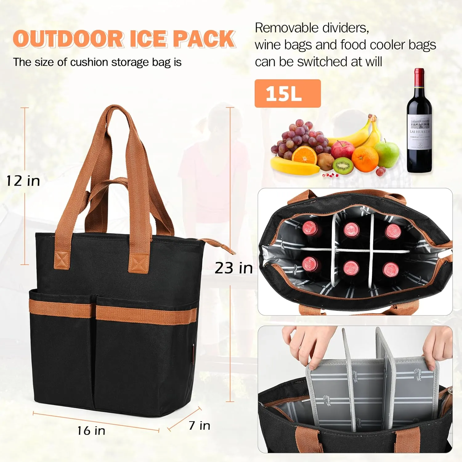Tirrinia 15 L Insulated Cooler Bag - Outdoor Leakproof Large Grocery Shopping Tote, Travel & Beach Cooler for Women/Men Picnics Camping