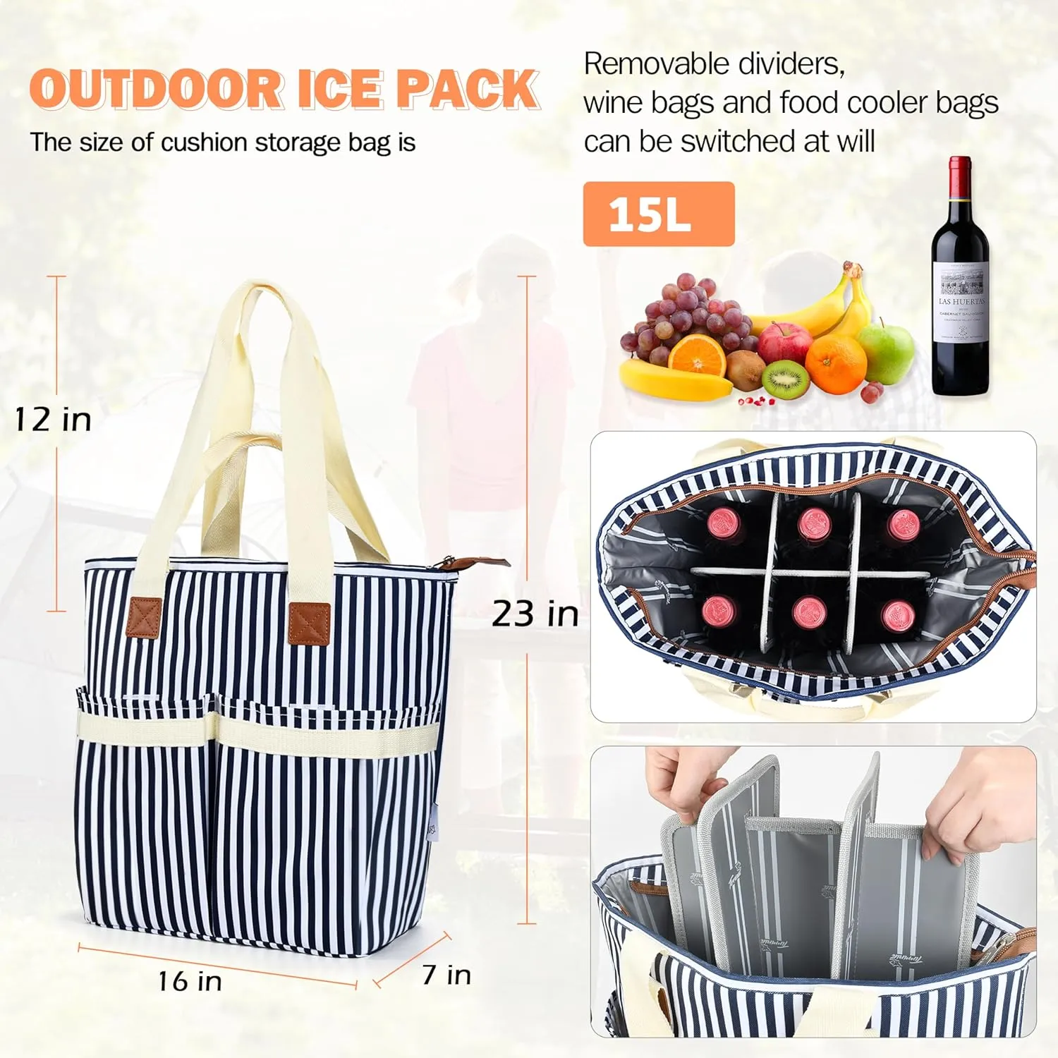 Tirrinia 15 L Insulated Cooler Bag - Outdoor Leakproof Large Grocery Shopping Tote, Travel & Beach Cooler for Women/Men Picnics Camping