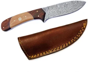 Titan International Knives Damascus Hunting Survival Knives for Men | Fixed Blade Handmade 1095 4340 Carbon Mix Hand Pounded | Olive Wood & Walnut Wood Handle with Leather Sheath Perfect for Camping