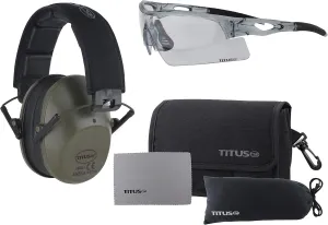 TITUS Slim-line Earmuffs and Safety Glasses Combo Pack (Olive, Grey Frame w/Clear Lens)