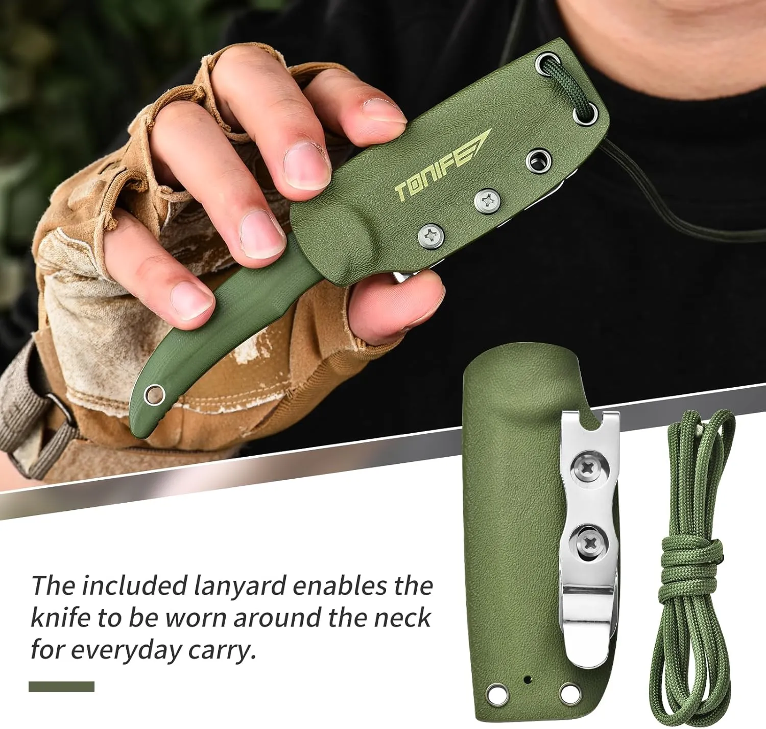 TONIFE Nova 2.68'' Blade Mini Neck Knife Full Tang Fixed Blade Knife with Kydex Sheath and Adjustable Paracord Lanyard for Camping Outdoor Survival Tool (Green Satin)