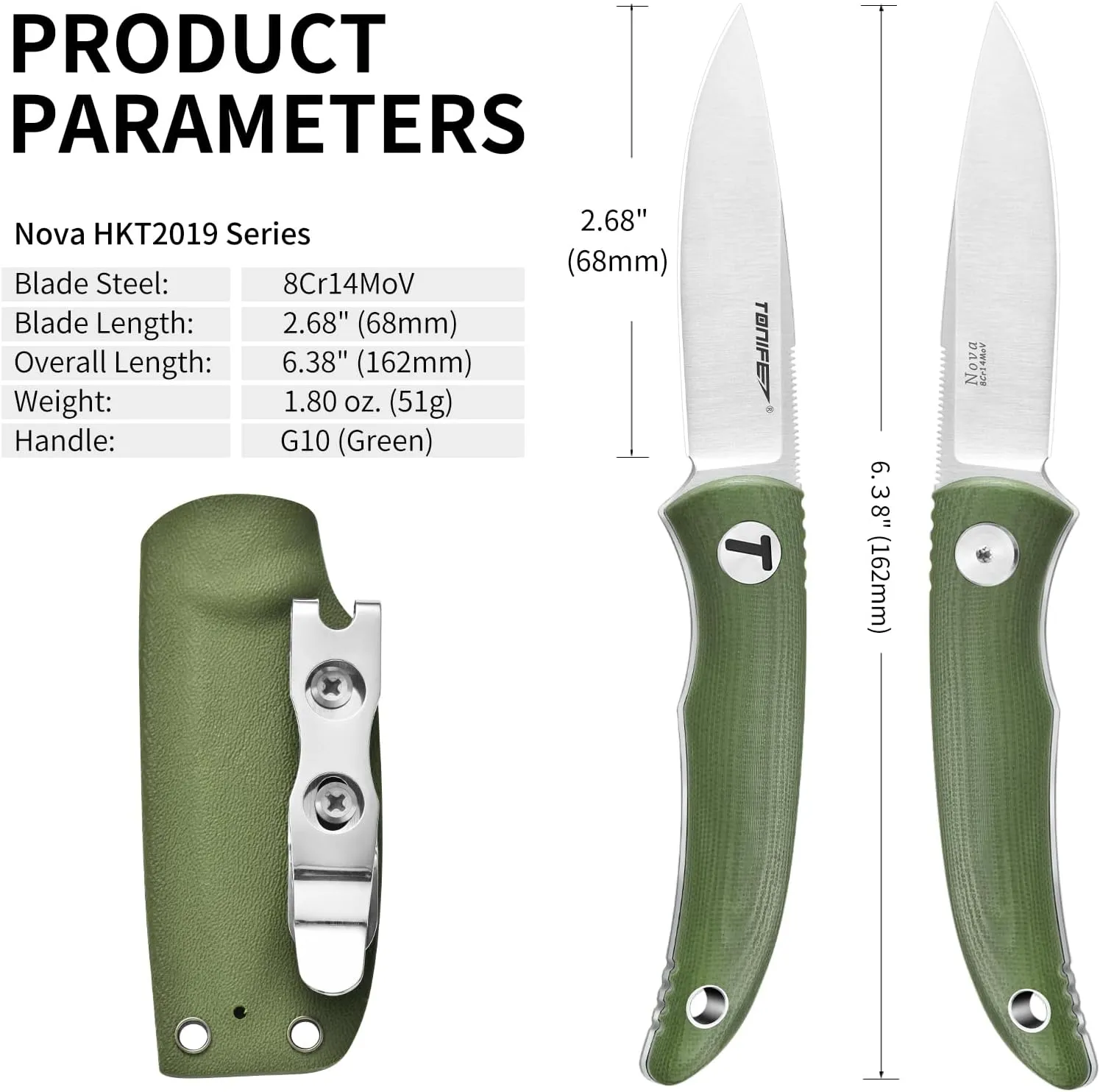 TONIFE Nova 2.68'' Blade Mini Neck Knife Full Tang Fixed Blade Knife with Kydex Sheath and Adjustable Paracord Lanyard for Camping Outdoor Survival Tool (Green Satin)