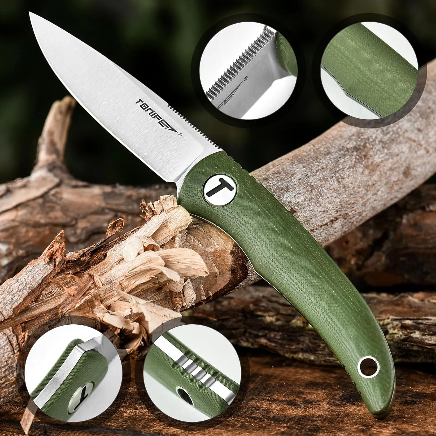 TONIFE Nova 2.68'' Blade Mini Neck Knife Full Tang Fixed Blade Knife with Kydex Sheath and Adjustable Paracord Lanyard for Camping Outdoor Survival Tool (Green Satin)