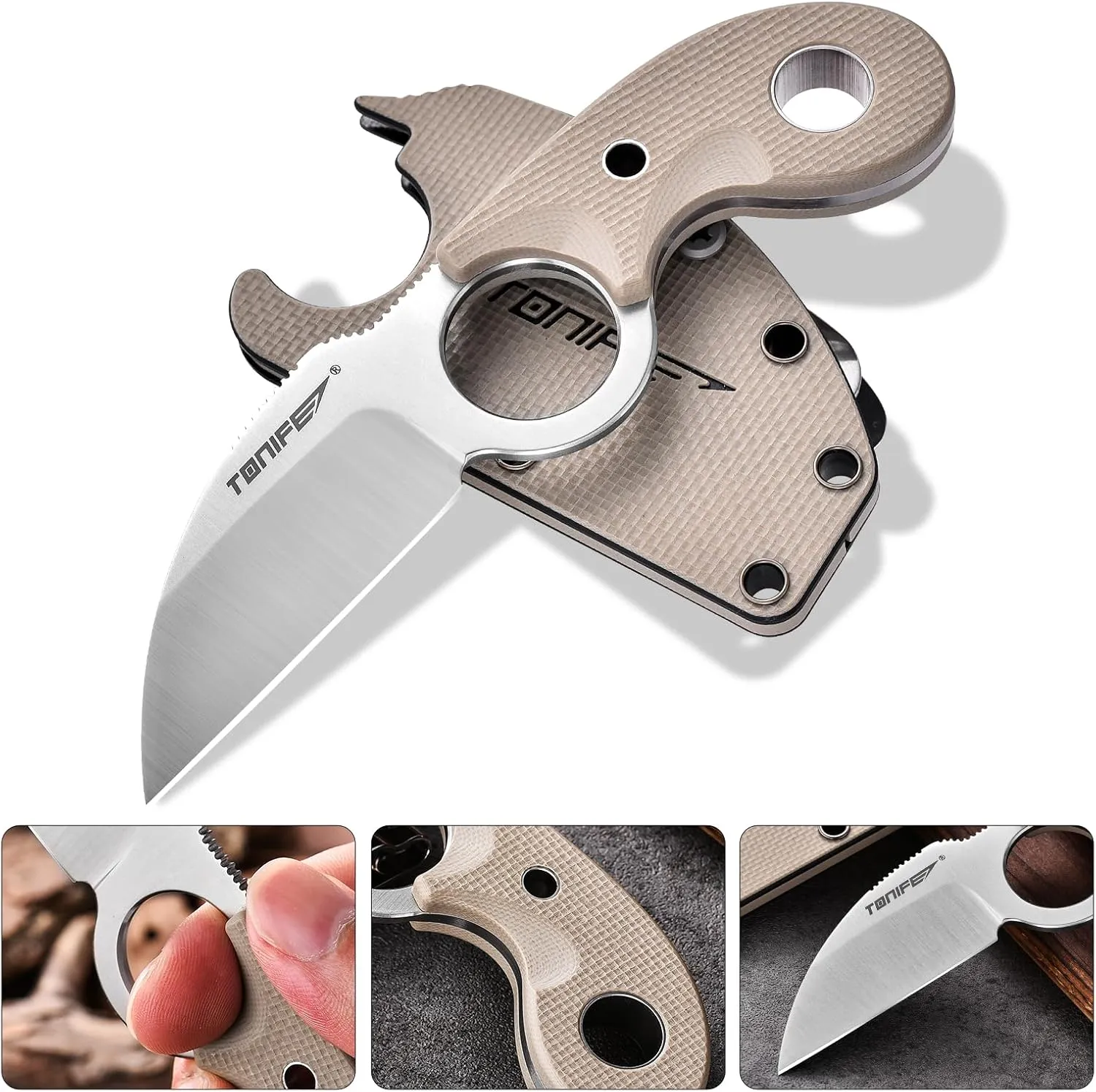 TONIFE Small Fixed Blade Knife Full Tang EDC Camping with Sheath Lanyard and Clip, Blade Length 2.17",2.5 oz.with Sheath (Warm Sand - Satin)