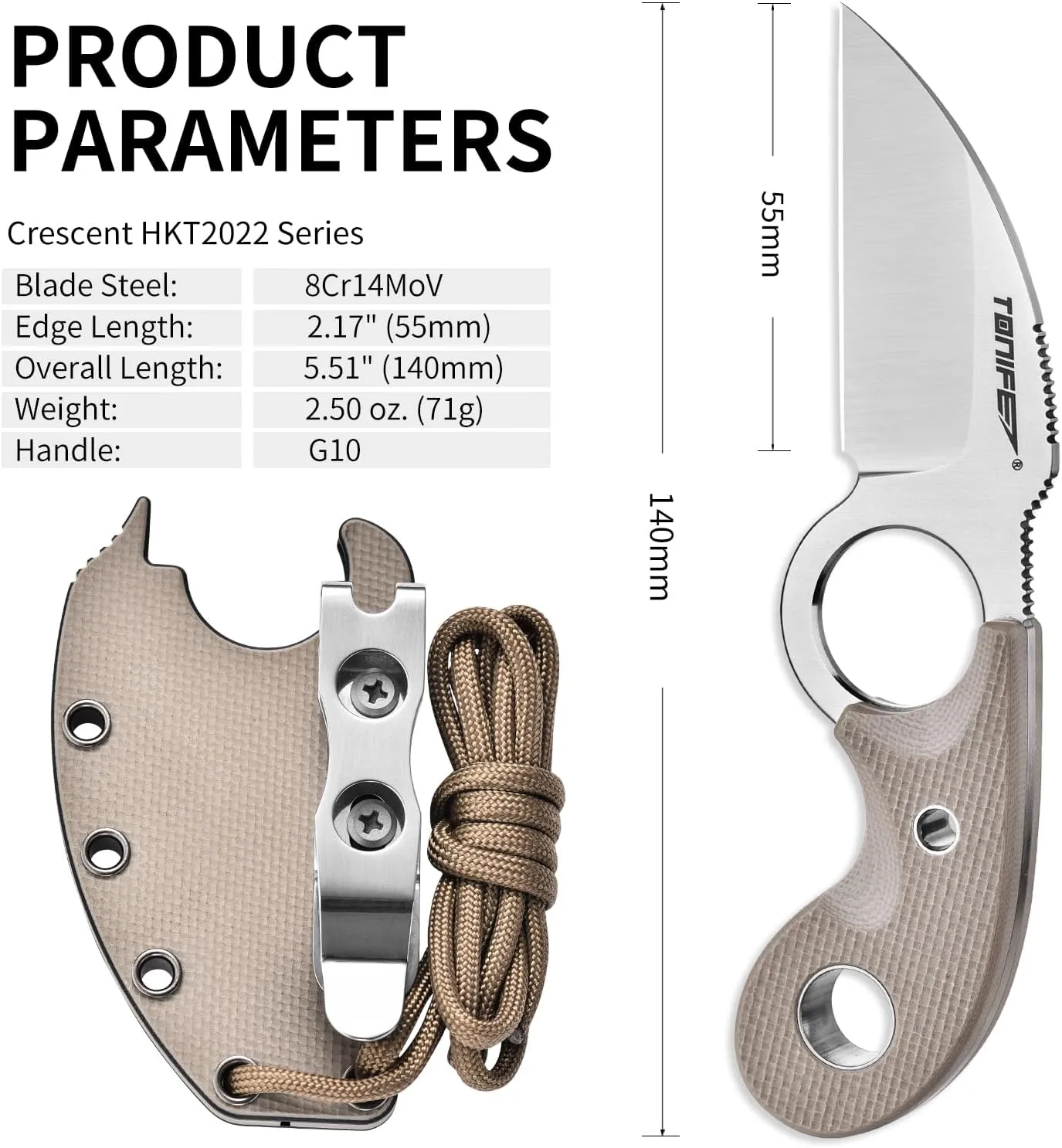 TONIFE Small Fixed Blade Knife Full Tang EDC Camping with Sheath Lanyard and Clip, Blade Length 2.17",2.5 oz.with Sheath (Warm Sand - Satin)