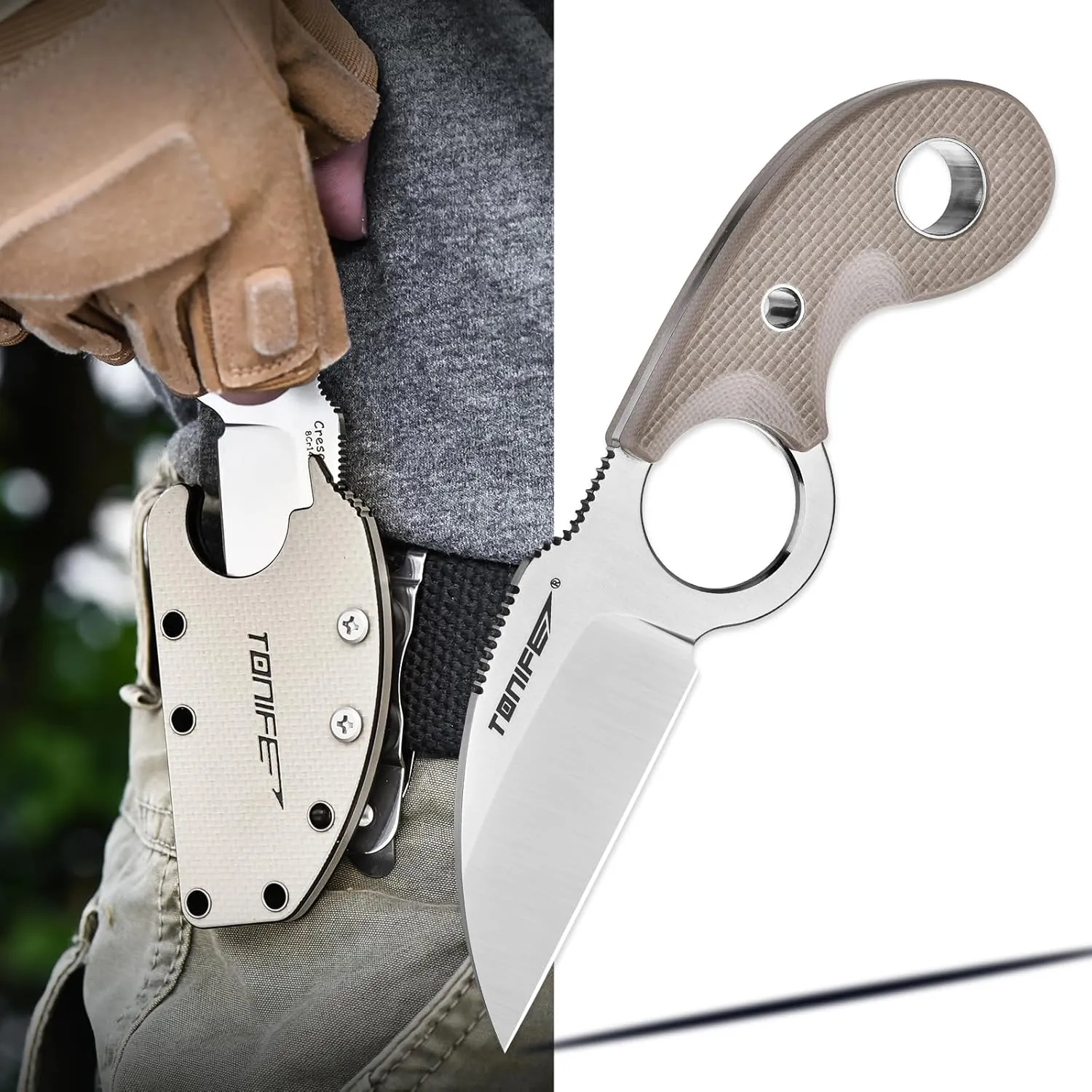 TONIFE Small Fixed Blade Knife Full Tang EDC Camping with Sheath Lanyard and Clip, Blade Length 2.17",2.5 oz.with Sheath (Warm Sand - Satin)